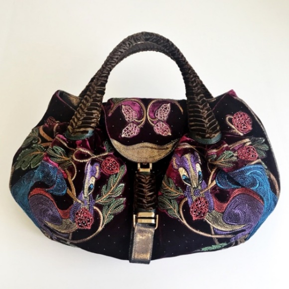 FENDI Handbags - FENDI Bordeaux Velvet Embroidered Squirrel Spy Bag